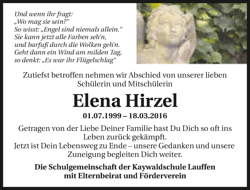  Traueranzeige für Elena Hirzel vom 24.03.2016 aus 