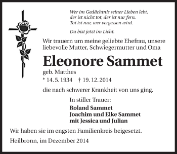 Traueranzeige von Eleonore Sammet 