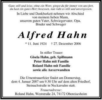 Traueranzeige von Alfred Hahn 
