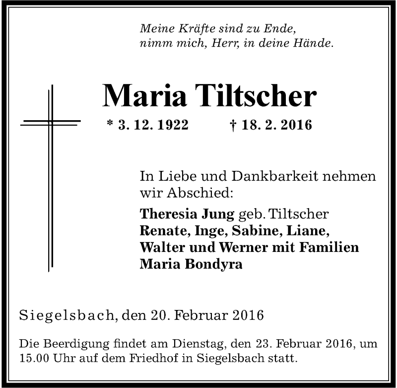  Traueranzeige für Maria Tiltscher vom 20.02.2016 aus 