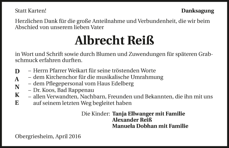  Traueranzeige für Albrecht Reiß vom 30.04.2016 aus 