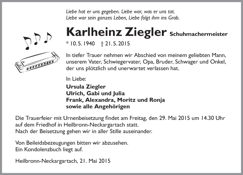  Traueranzeige für Karlheinz Ziegler vom 23.05.2015 aus 