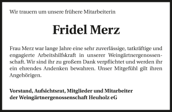 Traueranzeige von Fridel Merz 