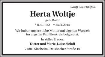 Traueranzeige von Herta Woltje 