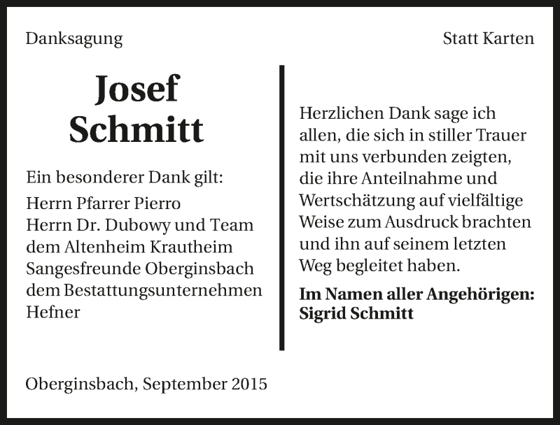 Traueranzeige für Josef Schmitt vom 04.09.2015 aus 