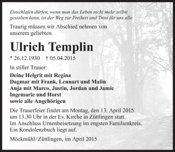 Traueranzeige von Ulrich Templin 