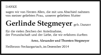 Traueranzeige von Gerlinde Stegmeyer 