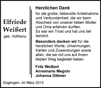 Traueranzeige von Elfriede Weißert 