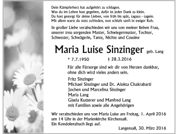 Traueranzeige von Maria Luise Sinzinger 