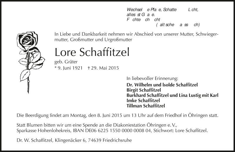  Traueranzeige für Lore Schaffitzel vom 03.06.2015 aus 