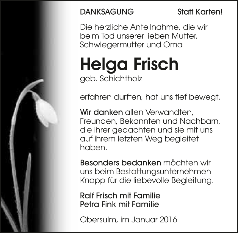  Traueranzeige für Helga Frisch vom 09.01.2016 aus 