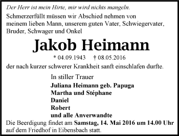 Traueranzeige von Jakob Heimann 