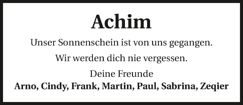  Traueranzeige für Achim  vom 25.07.2015 aus 