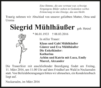 Traueranzeige von Siegrid Mühlhäußer 
