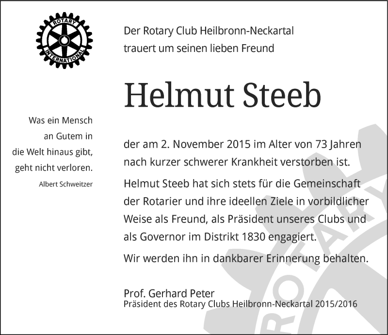  Traueranzeige für Helmut Steeb vom 04.11.2015 aus 