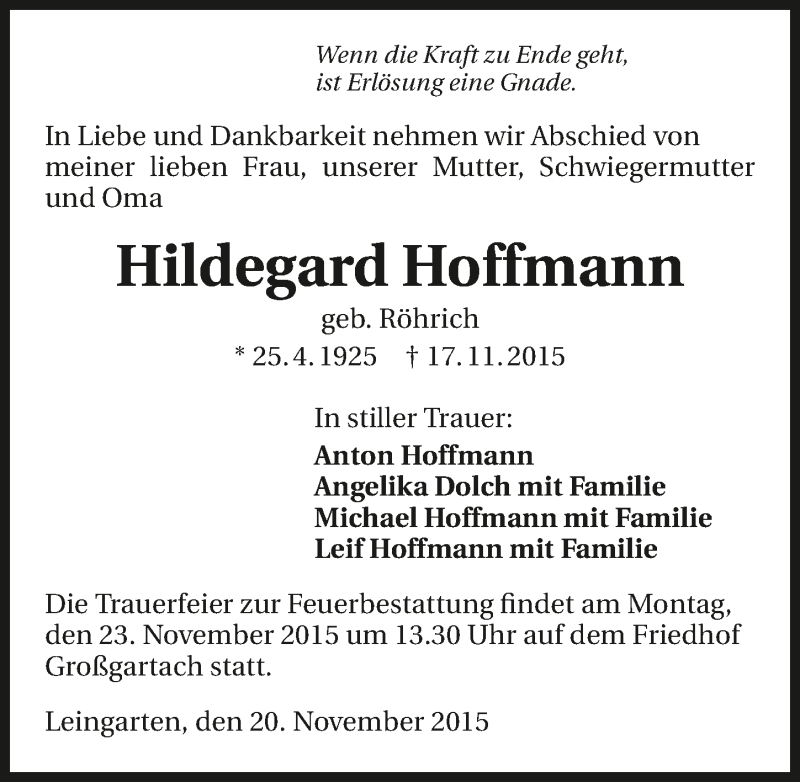  Traueranzeige für Hildegard Hoffmann vom 20.11.2015 aus 