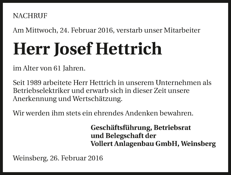  Traueranzeige für Josef Hettrich vom 26.02.2016 aus 