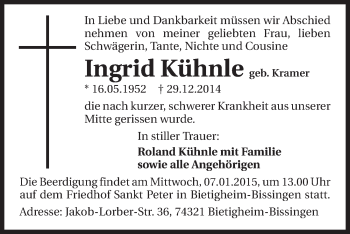 Traueranzeige von Ingrid Kühnle 