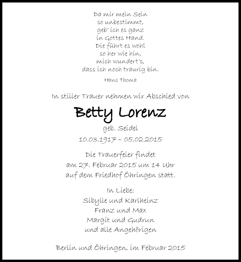 Traueranzeigen von Betty Lorenz