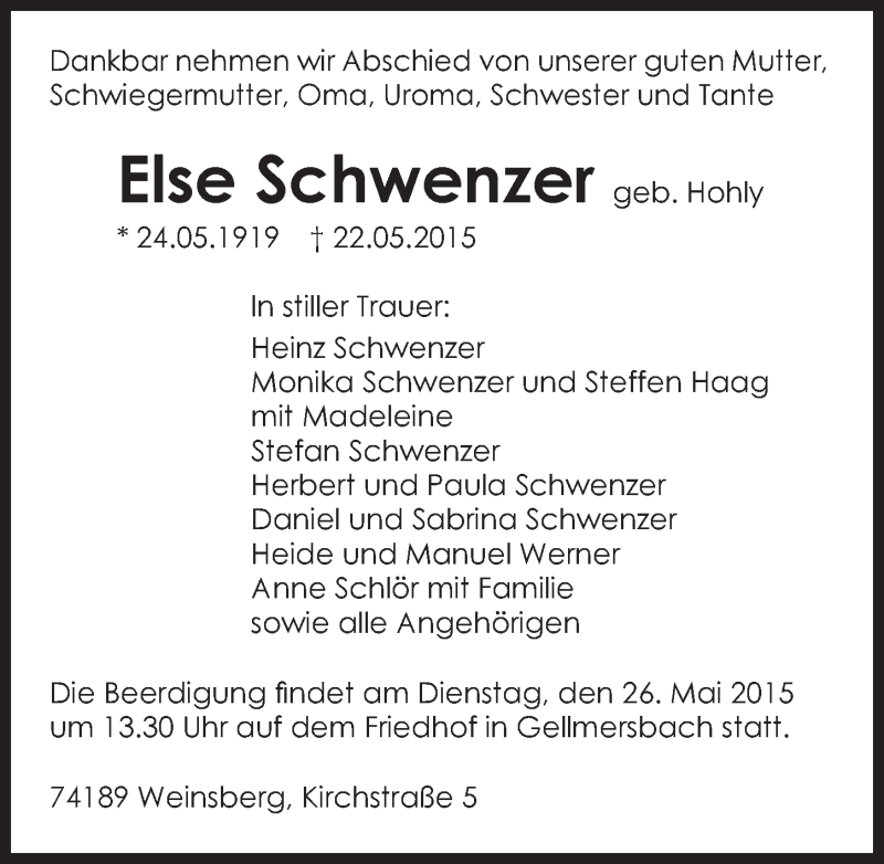  Traueranzeige für Else Schwenzer vom 23.05.2015 aus 