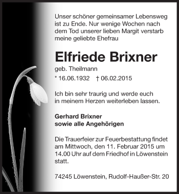 Traueranzeige von Elfriede Brixner 