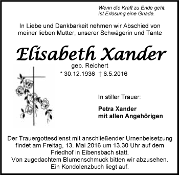 Traueranzeige von Elisabeth Xander 