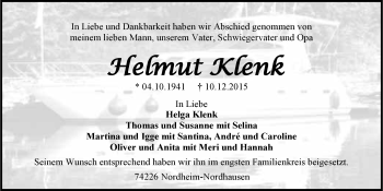 Traueranzeige von Helmut Klenk 