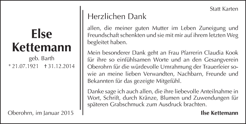  Traueranzeige für Else Kettemann vom 31.01.2015 aus 