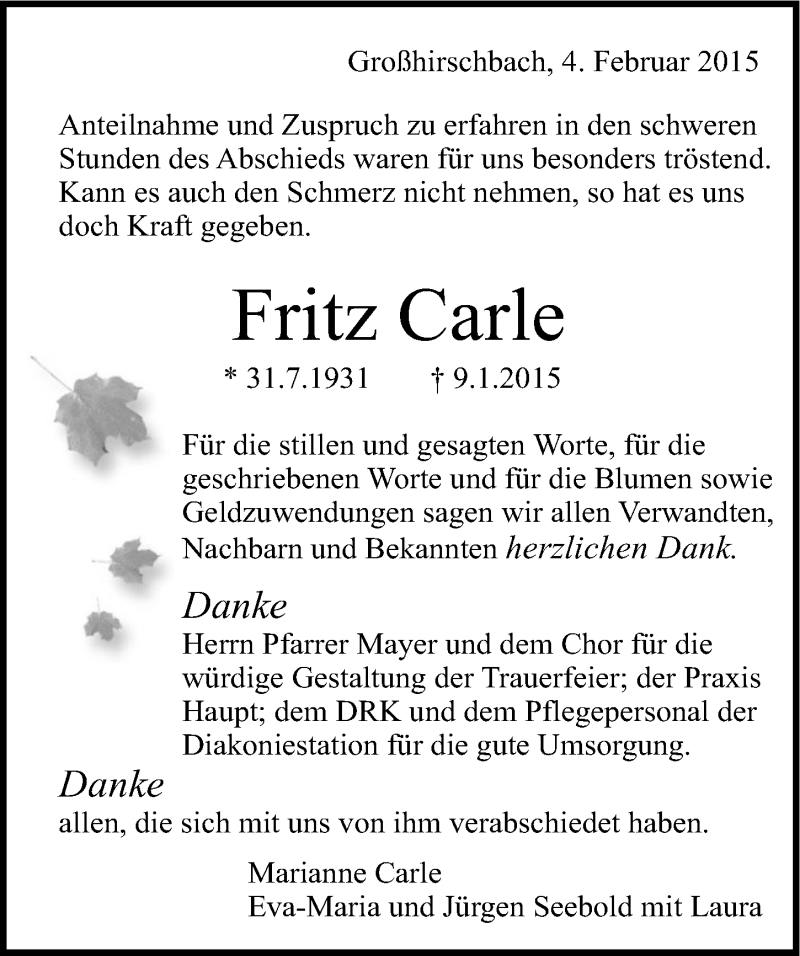 Traueranzeige für Fritz Carle vom 04.02.2015 aus 
