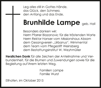 Traueranzeige von Brunhilde Lampe 