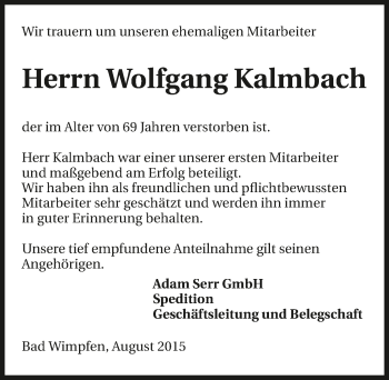 Traueranzeige von Wolfgang Kalmbach 