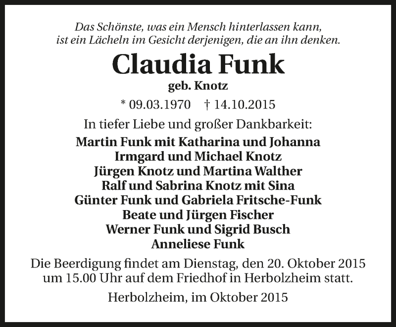  Traueranzeige für Claudia Funk vom 17.10.2015 aus 