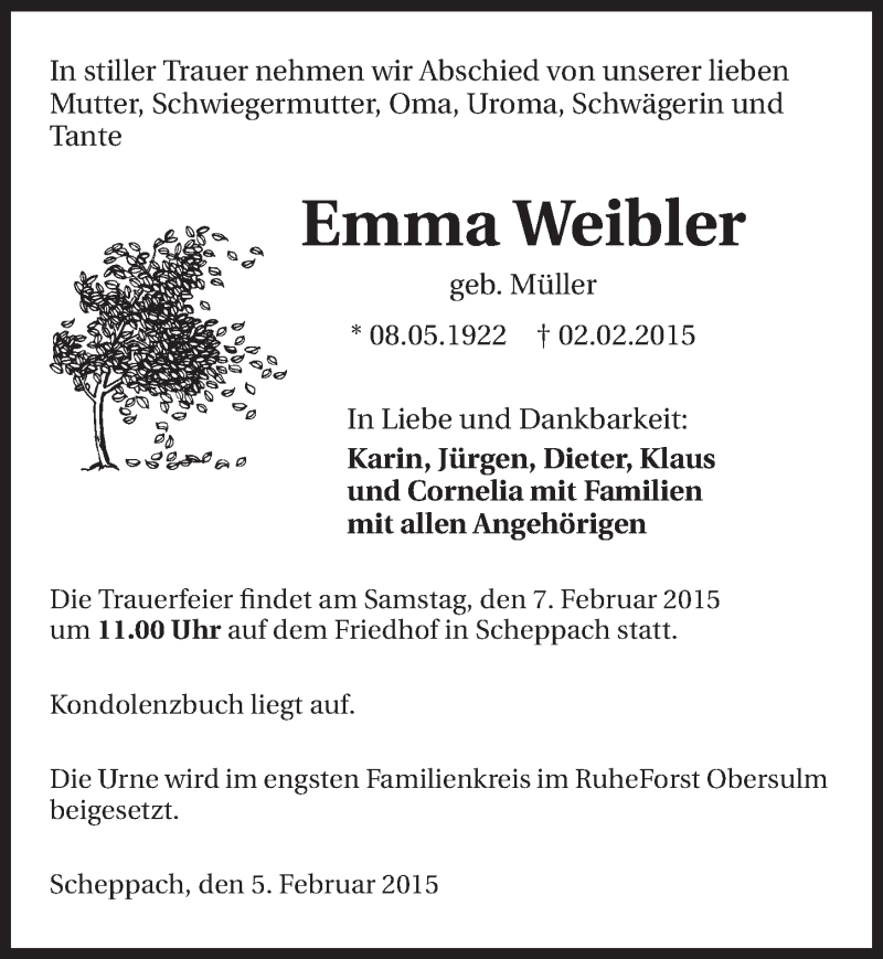  Traueranzeige für Emma Weibler vom 05.02.2015 aus 