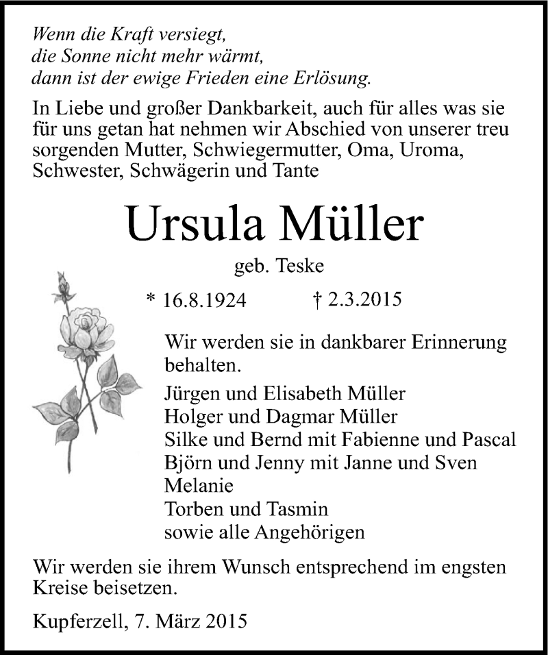  Traueranzeige für Ursula Müller vom 07.03.2015 aus 