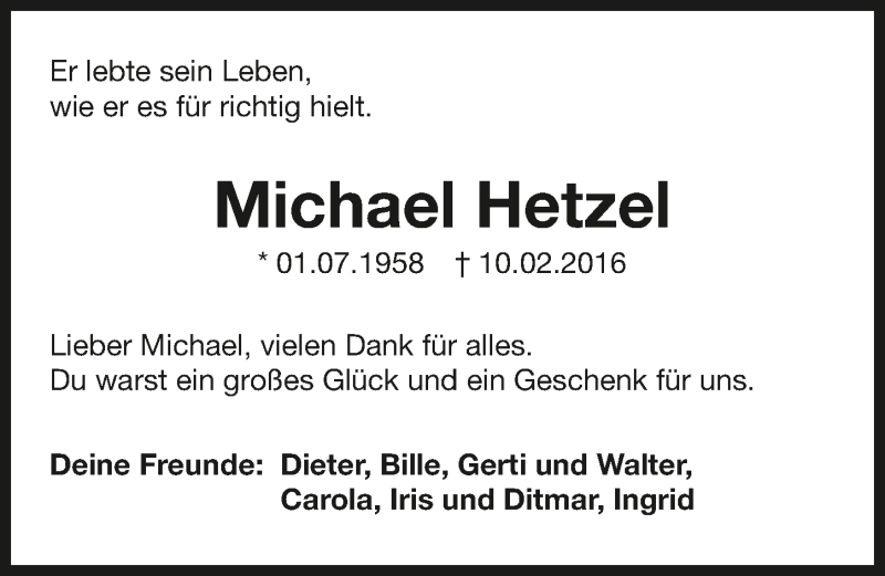  Traueranzeige für Michael Hetzel vom 15.02.2016 aus 