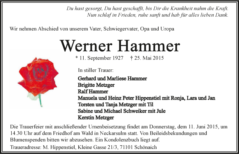  Traueranzeige für Werner Hammer vom 06.06.2015 aus 