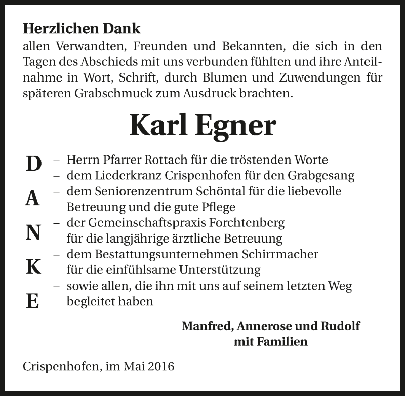  Traueranzeige für Karl Egner vom 07.05.2016 aus 