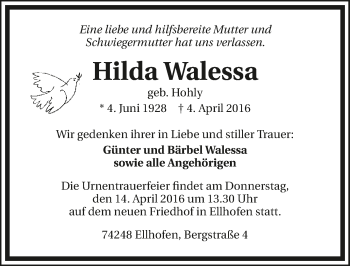 Traueranzeige von Hilda Walessa 