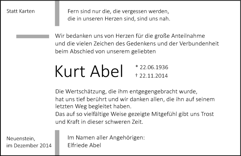  Traueranzeige für Kurt Abel vom 23.12.2014 aus 