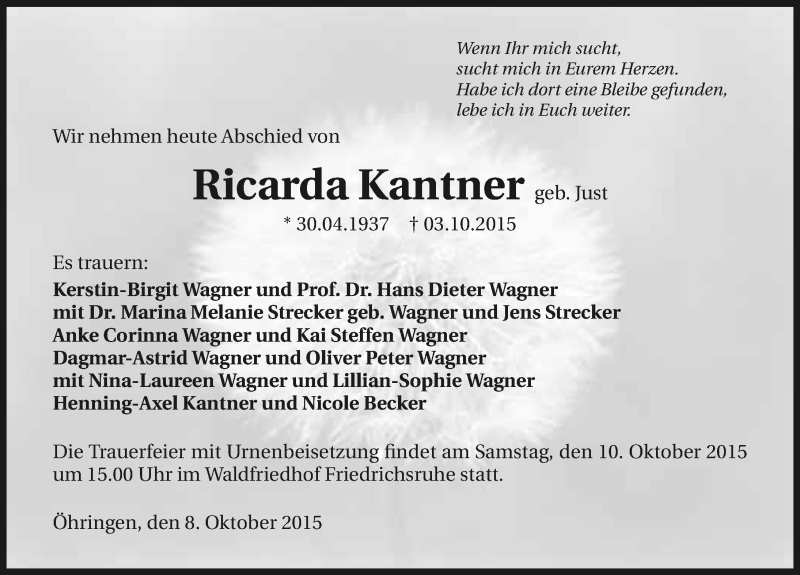  Traueranzeige für Ricarda Kantner vom 08.10.2015 aus 