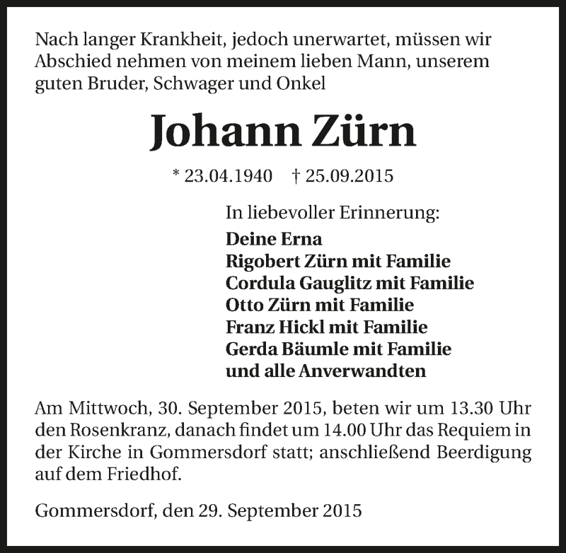  Traueranzeige für Johann Zürn vom 29.09.2015 aus 