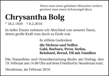 Traueranzeige von Chrysantha Bolg 