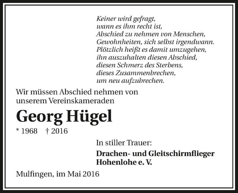  Traueranzeige für Georg Hügel vom 12.05.2016 aus 
