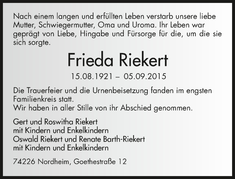  Traueranzeige für Frieda Riekert vom 21.09.2015 aus 