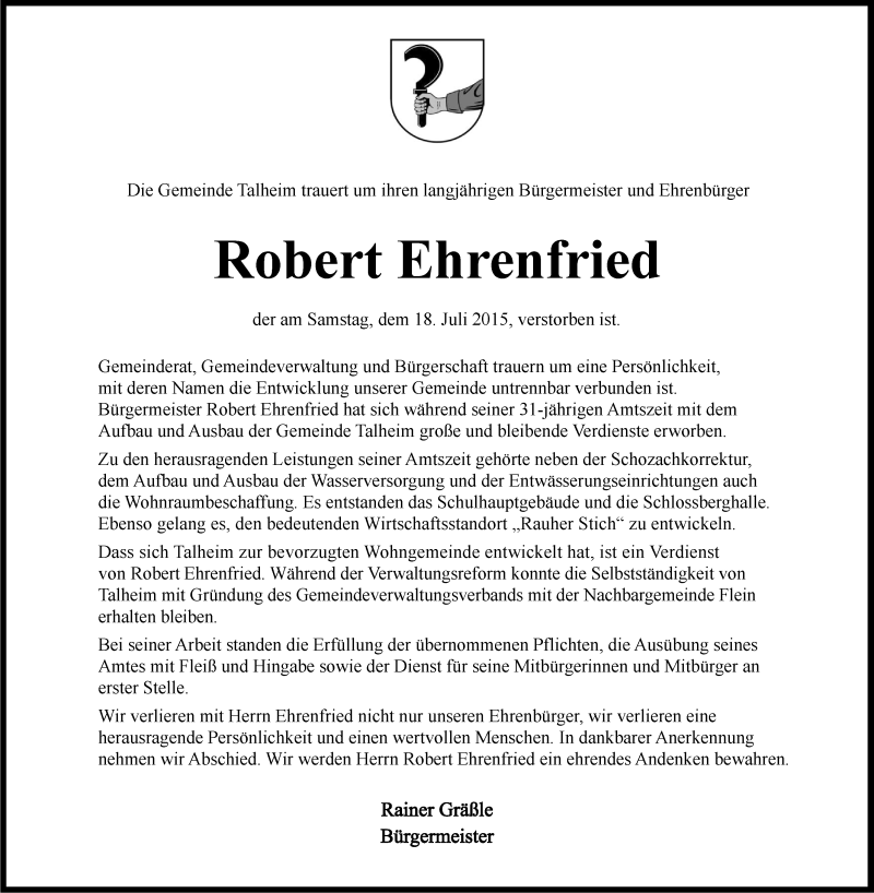  Traueranzeige für Robert Ehrenfried vom 22.07.2015 aus 
