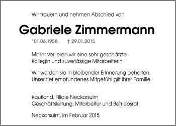 Traueranzeige von Gabriele Zimmermann 
