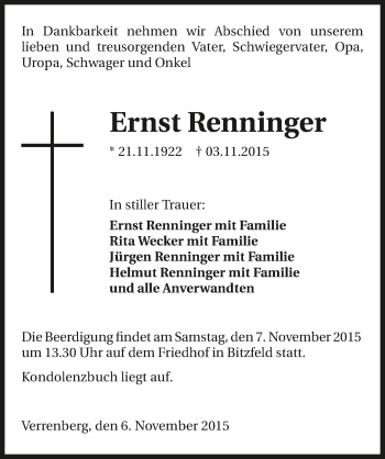 Traueranzeige von Ernst Renninger 