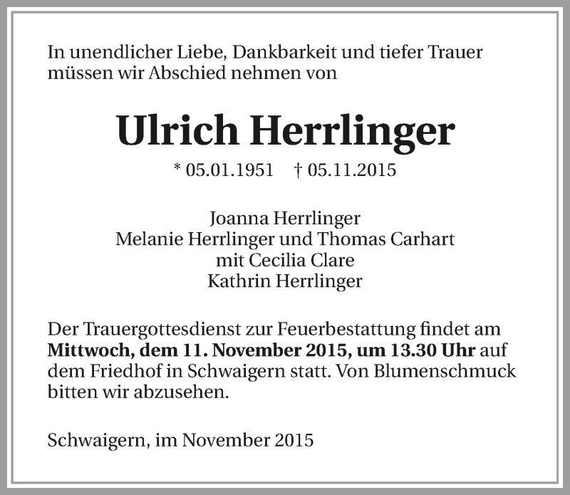  Traueranzeige für Ulrich Herrlinger vom 09.11.2015 aus 