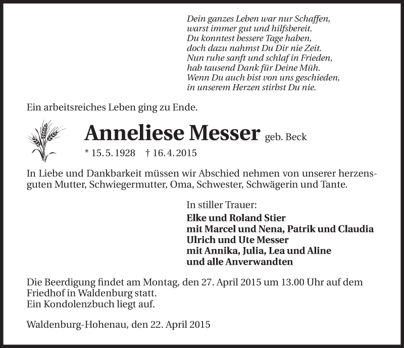  Traueranzeige für Anneliese Messer vom 22.04.2015 aus 