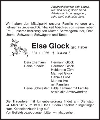 Traueranzeige von Else Glock 